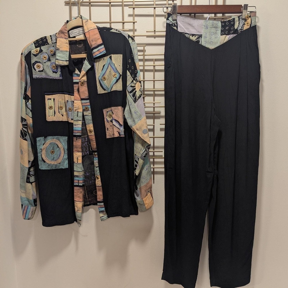 Vtg 90s Coordinating Pant Set Button Up Top Abstract Patchwork Print Sz M Artsy